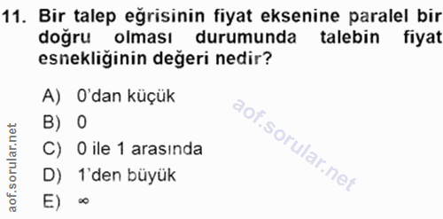 11. soru: Bir talep eğrisinin fiyat eksenine paralel bir doğru olmasi durumunda talebin fiyat esnekliğinin değeri nedir? A) O'd…