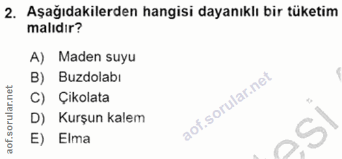 2. soru: Aşağıdakilerden hangisi dayanıklı bir tüketim malıdır? A) Maden suyu B) Buzdolabı C) Çikolata D) Kurşun kalem E) Elma