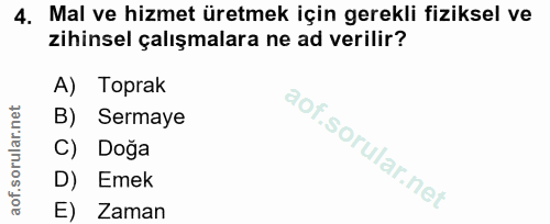 4. soru: Mal ve hizmet üretmek için gerekli fiziksel ve zihinsel çalışmalara ne ad verilir? A) Toprak B) Sermaye C) Doğa D) Em…