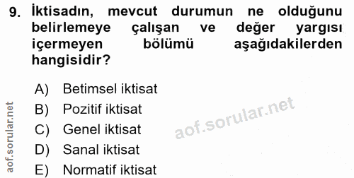 9. soru: İktisadın, mevcut durumun ne olduğunu belirlemeye çalışan ve değer yargısı içermeyen bölümü aşağıdakilerden hangisidi…