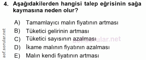 4. soru: Aşağıdakilerden hangisi talep eğrisinin sağa kaymasına neden olur? A) Tamamlayıcı malın fiyatının artması B) Tüketici…
