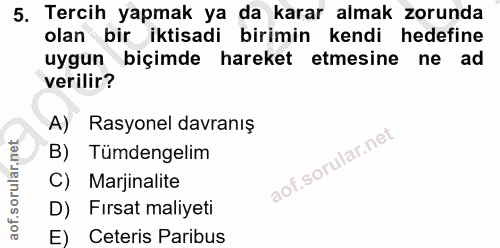 5. soru: Tercih yapmak ya da karar almak zorunda olan bir iktisadi birimin kendi hedefine uygun biçimde hareket etmesine ne ad…