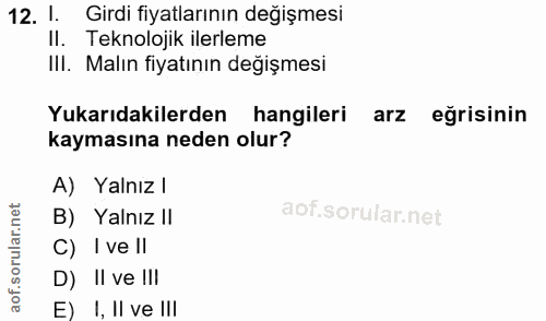 12. soru: 1. Girdi fiyatlarının değişmesi II. Teknolojik ilerleme IlI. Malın fiyatının değişmesi Yukarıdakilerden hangileri arz…