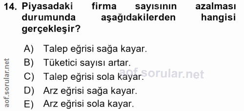 14. soru: Piyasadaki firma sayısının azalmisir durumunda aşağıdakilerden gerçekleşir? A) Talep eğrisi sağa kayar. B) Tüketici s…