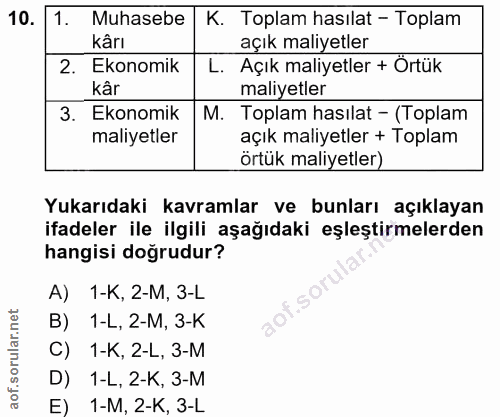 10. soru: 1. Muhasebe K. Toplam hasılat - Toplam kârı açık maliyetler 2. Ekonomik Açık maliyetler + Örtük kâr maliyetler 3. Eko…