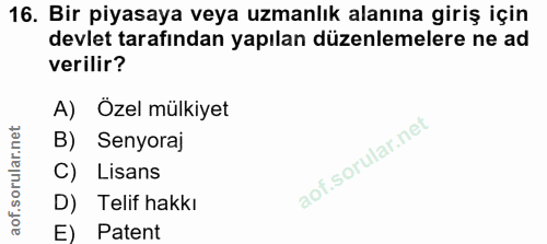 16. soru: Bir piyasaya veya uzmanlık alanına giriş için devlet tarafından yapılan düzenlemelere ne ad verilir? A) Özel mülkiyet…