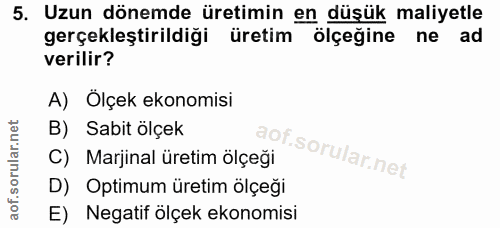5. soru: Uzun dönemde üretimin en düşük maliyetle gerçekleştirildiği üretim olcedine ne ad verilir? A) Ölçek ekonomisi B) Sabi…