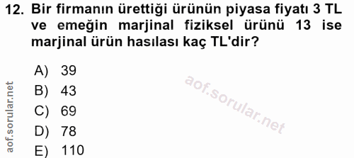 12. soru: Bir firmanın ürettiği ürünün piyasa fiyatı 3 TL ve emeğin marjinal fiziksel ürünü 13 ise marjinal ürün hasılası kaç T…