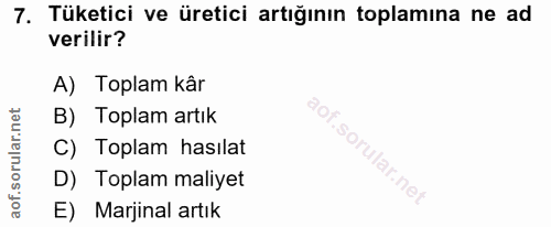 7. soru: Tüketici ve üretici artığının toplamına ne ad verilir? A) Toplam kâr B) Toplam artık C) Toplam hasılat D) Toplam mali…