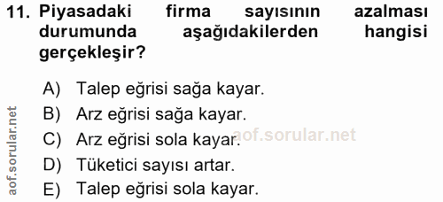 11. soru: Piyasadaki firma sayısının azalmisi durumunda aşağıdakilerden gerçekleşir? A) Talep eğrisi sağa kayar. B) Arz eğrisi…