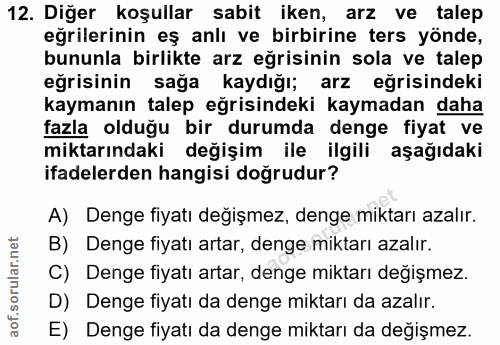 12. soru: Diğer koşullar sabit iken, arz ve talep eğrilerinin eş anlı ve birbirine ters yönde, bununla birlikte arz eğrisinin s…
