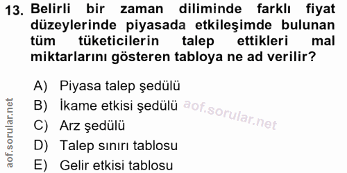 13. soru: Belirli bir zaman diliminde farklı fiyat düzeylerinde piyasada etkileşimde bulunan tüm tüketicilerin talep ettikleri…