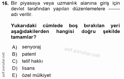 16. soru: Bir piyasaya veya uzmanlık alanına giriş için devlet tarafından yapılan düzenlemelere —--- adı verilir. Yukarıdaki cü…