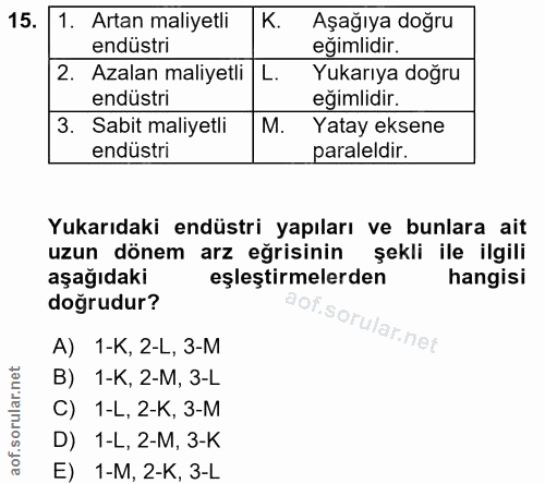 15. soru: 1. Artan maliyetli K. Aşağıya doğru endüstri eğimlidir. 2. Azalan maliyetli L. Yukarıya doğru endüstri eğimlidir. 3.…