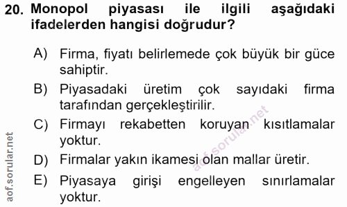 20. soru: Monopol piyasası ile ilgili aşağıdaki ifadelerden hangisi doğrudur? A) Firma, fiyatı belirlemede çok büyük bir güce s…
