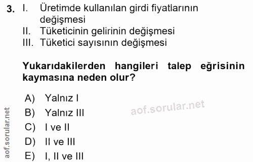 3. soru: !. Uretimde kullanılan girdi fiyatlarının değişmesi II. Tüketicinin gelirinin değişmesi IIII. Tüketici sayısının deği…
