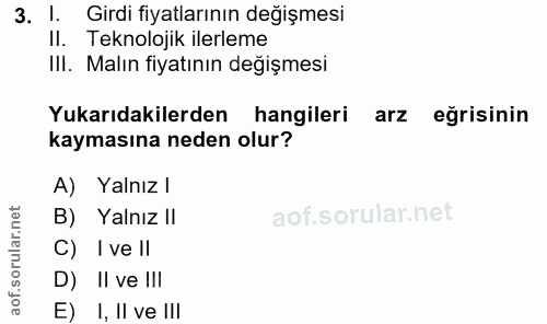 3. soru: !. Girdi fiyatlarının değişmesi II. Teknolojik ilerleme IlI. Malın fiyatının değişmesi Yukarıdakilerden hangileri arz…