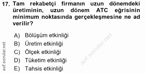 17. soru: Tam rekabetçi firmanın uzun dönemdeki üretiminin, uzun dönem ATC eğrisinin minimum noktasında gerçekleşmesine ne ad v…