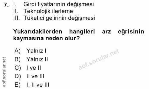 7. soru: I. Girdi fiyatlarının değişmesi II. Teknolojik ilerleme IlI. Tüketici gelirinin değişmesi Yukarıdakilerden hangileri…