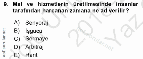 9. soru: Mal ve hizmetlerin üretilmesinde insanlar tarafından harcanan zamana ne ad verilir? A) Senyoraj B) İşgücü Sermaye bru…