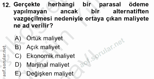 12. soru: Gerçekte herhangibir parasal ödeme yapılmayan ancak bir alternatiften vazgeçilmesi nedeniyle ortaya çıkan maliyete ne…