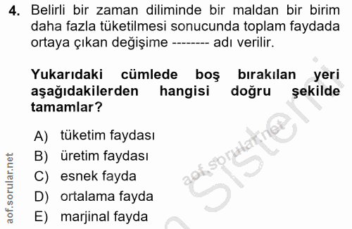 4. soru: Belirli bir zaman diliminde bir maldan bir birim daha fazla tüketilmesi sonucunda toplam faydada ortaya çıkan değişim…