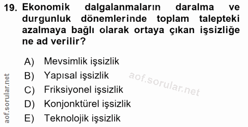 19. soru: Ekonomik dalgalanmaların daralma ve durgunluk dönemlerinde toplam talepteki azalmaya bağlı olarak ortaya çıkan işsizl…