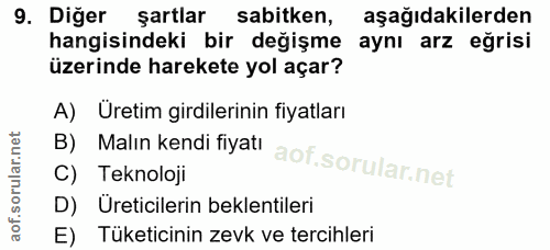 9. soru: Diğer şartlar sabitken, aşağıdakilerden hangisindeki bir değişme aynı arz eğrisi üzerinde harekete yol açar? A) Üreti…