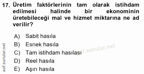 17. soru: Üretim faktörlerinin tam olarak istihdam edilmesi halinde bir ekonominin üretebileceği mal ve hizmet miktarına ne ad…