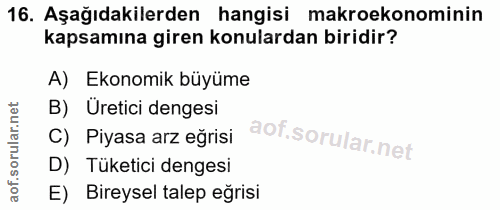 16. soru: Aşağıdakilerden hangisi makroekonominin kapsamına giren konulardan biridir? A) Ekonomik büyüme B) Üretici dengesi C)…