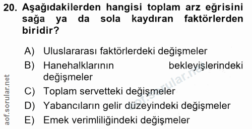 20. soru: Aşağıdakilerden hangisi toplam arz eğrisini sağa ya da sola kaydıran faktörlerden biridir? A) Uluslararası faktörlerd…