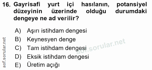 16. soru: Gayrisafi yurt içi hasılanın, potansiyel düzeyinin üzerinde olduğu durumdaki dengeye ne ad verilir? A) Aşırı istihdam…