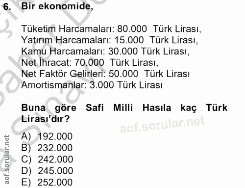 6. soru: Bir ekonomide, Tüketim Harcamaları: 80.000 Türk Lirası, Yatırım Harcamaları: 15.000 Türk Lirası, Kamu Harcamaları: 30…