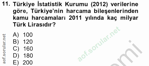 11. soru: Türkiye İstatistik Kurumu (2012) verilerine göre, Türkiye'nin harcama bileşenlerinden kamu harcamaları 2011 yılında k…