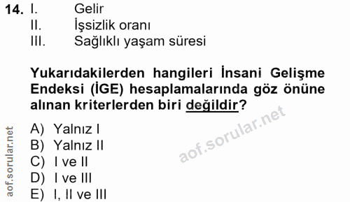 14. soru: l. Gelir II. İşsizlik oranı Ill. Sağlıklı yaşam süresi Yukarıdakilerden hangileri İnsani Gelişme Endeksi (IGE) hesapl…