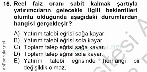 16. soru: Reel faiz oranı sabit kalmak şartıyla yatırımcıların gelecekle ilgili beklentileri olumlu olduğunda aşağıdaki durumla…