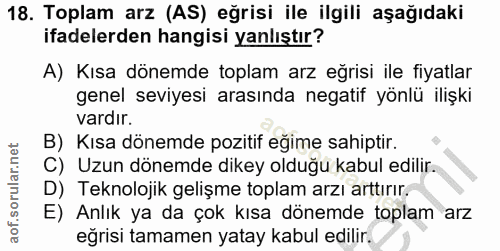 18. soru: Toplam arz (AS) eğrisi ile ilgili aşağıdaki ifadelerden hangisi yanlıştır? A) Kısa dönemde toplam arz eğrisi ile fiya…