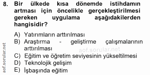 8. soru: Bir ülkede kısa dönemde istihdamın artması için öncelikle gerçekleştirilmesi gereken uygulama aşağıdakilerden hangisi…