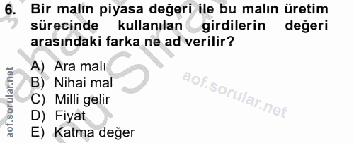 6. soru: Bir malın piyasa değeri ile bu malın üretim sürecinde kullanılan girdilerin değeri arasındaki farka ne ad verilir? A)…