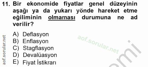 11. soru: Bir ekonomide fiyatlar genel düzeyinin aşağı ya da yukarı yönde hareket etme eğiliminin olmaması durumuna ne ad veril…