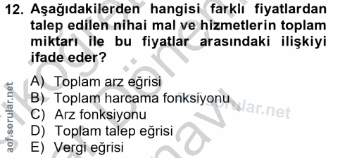 12. soru: Aşağıdakilerden hangisi farklı fiyatlardan talep edilen nihai mal ve hizmetlerin toplam miktarı ile bu fiyatlar arası…