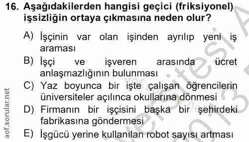 16. soru: Aşağıdakilerden hangisi geçici (friksiyonel) işsizliğin ortaya çıkmasına neden olur? A) İşçinin var olan işinden ayrı…