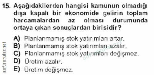 15. soru: Aşağıdakilerden hangisi kamunun olmadığı dışa kapalı bir ekonomide gelirin toplam harcamalardan az olması durumunda o…