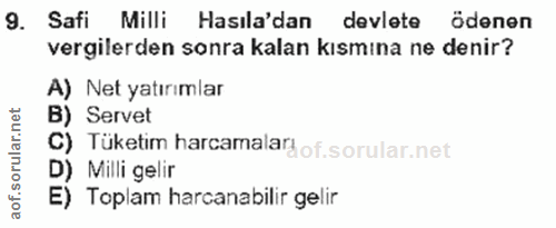 9. soru: Safi Milli Hasıla'dan devlete ödenen vergilerden sonra kalan kısmına ne denir? A) Net yatırımlar B) Servet C) Tüketim…
