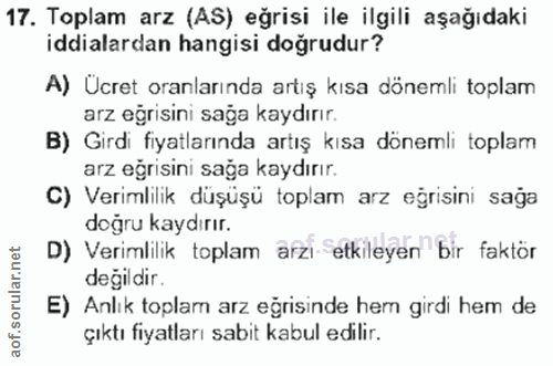 17. soru: Toplam arz (AS) eğrisi ile ilgili aşağıdaki iddialardan hangisi doğrudur? A) Ucret oranlarında artış kısa dönemli top…