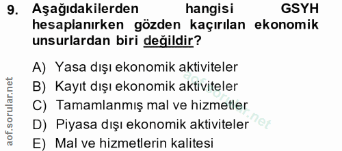 9. soru: Aşağıdakilerden hangisi GSYH hesaplanırken gözden kaçırılan ekonomik unsurlardan biri değildir? A) Yasa dışı ekonomik…