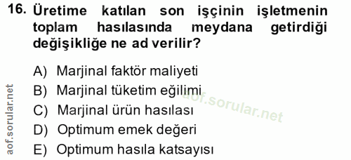 16. soru: Üretime katılan son işçinin işletmenin toplam hasılasında meydana getirdiği değişikliğe ne ad verilir? A) Marjinal fa…