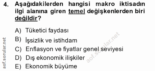4. soru: Aşağıdakilerden hangisi makro iktisadın ilgi alanına giren temel değişkenlerden biri değildir? A) Tüketici faydası B)…