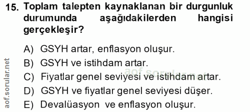 15. soru: Toplam talepten kaynaklanan bir durgunluk durumunda aşağıdakilerden hangisi gerçekleşir? A) GSYH artar, enflasyon olu…