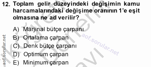 12. soru: Toplam gelir düzeyindeki değişimin kamu harcamalarındaki değişime oranının 1'e eşit olmasına ne ad verilir? A) Marjin…